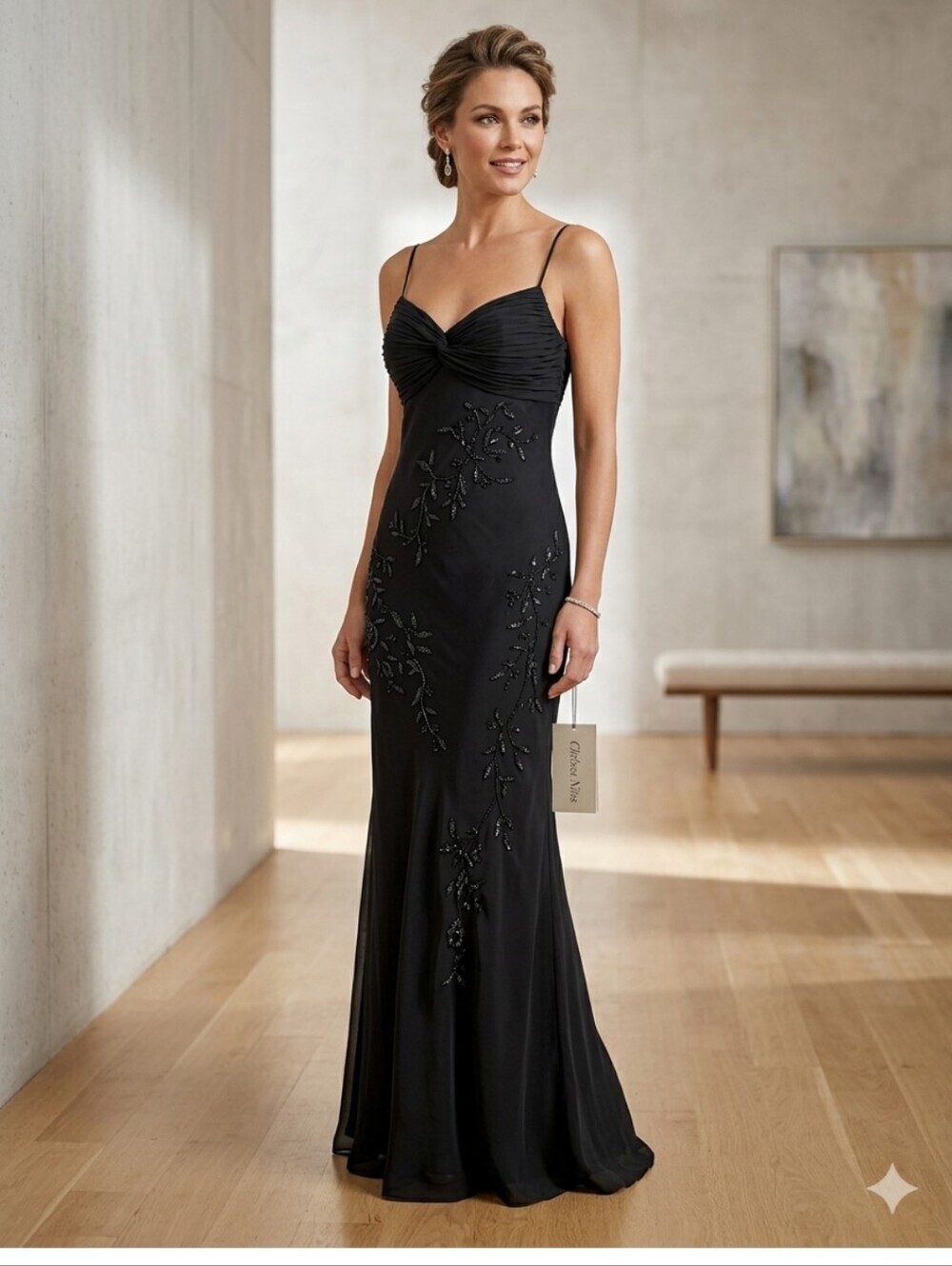 CHELSEA NITES Black 100% Silk Floor Length Strappy Evenings Formal Dress 16 NWT